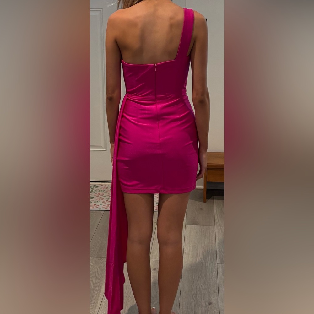 Midlength Hot Pink Homecoming Dress with Long Side Train - Picture 2 of 2